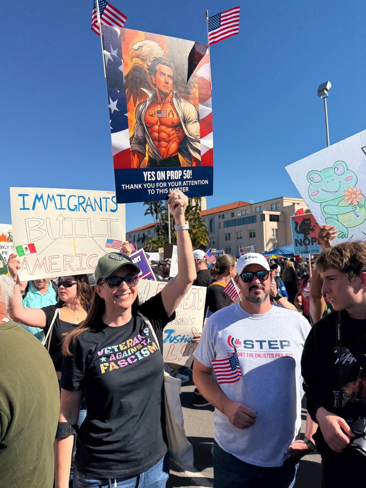 Strong confident goddess wearing Veterans Against Fascism tee during No Kings 2.0